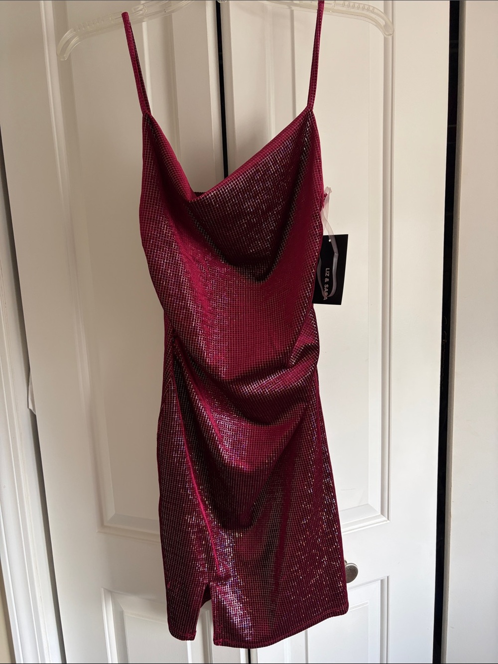 Shimmering Wine Red Cowl Neck Mini Dress